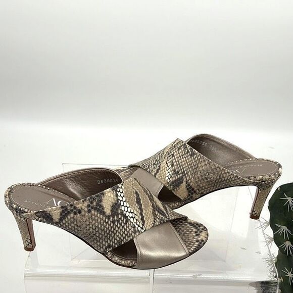 AGL Snakeskin Peep Toe Slip-On‎ Heeled Strappy Sandal Brown Gold 38.5/8 - Picture 1 of 11